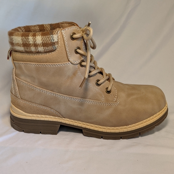 Women's Size 7 Casual Outdoor Work Combat Boots Faux Suede W/ Fleece Plaid Cuff - Picture 1 of 8